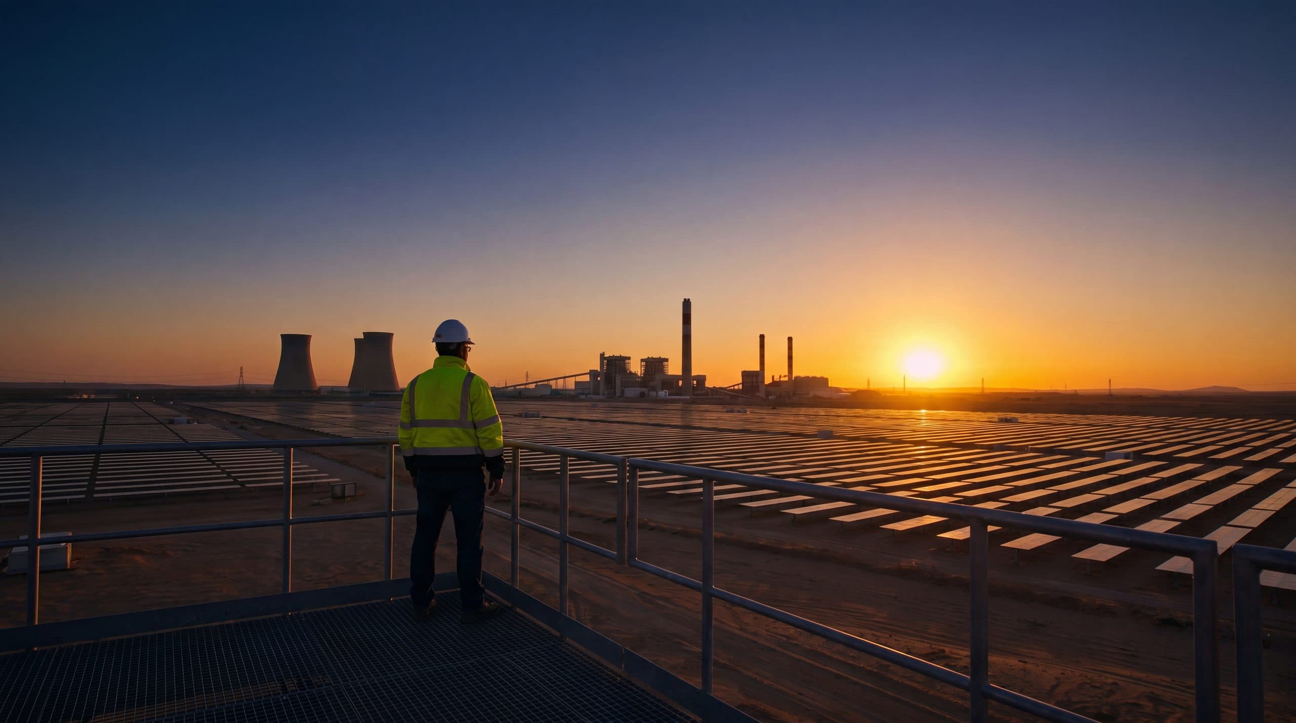 An engineer on a walkway overlooking a solar plant at sunset.