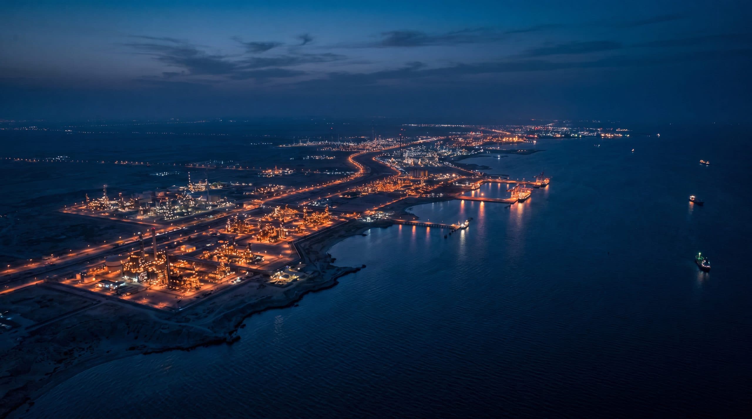 Aerial view of an industrial energy complex at dusk.
