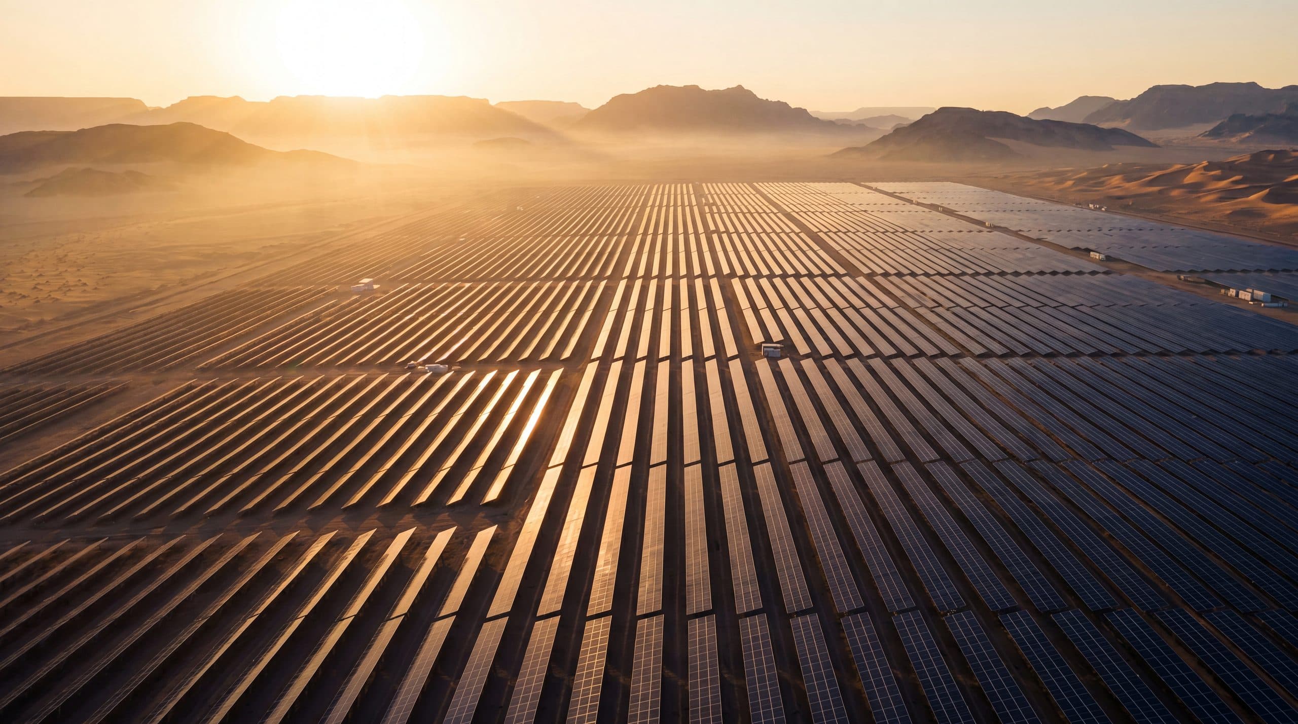 A solar plant at dawn, panels catching the first light.
